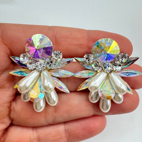 Vintage Rhinestone Earrings AB Rivoli Navettes Runway Ballroom Faux Pearls Bling - Picture 3 of 17